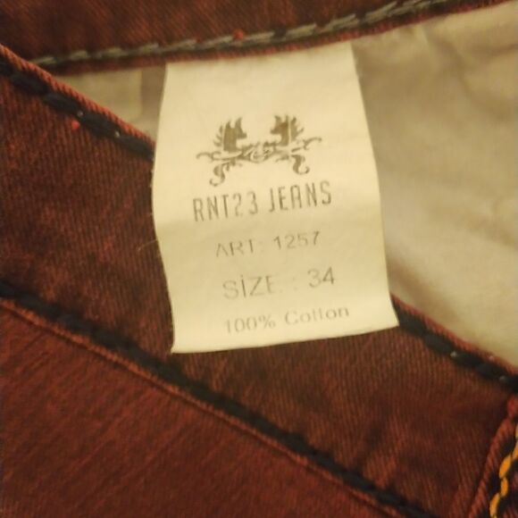RNT 23 maroon button fly relaxed jeans with exaggerated stitching size 34 - Picture 9 of 11
